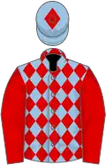 Light blue and red diamonds, red sleeves, red diamond on cap