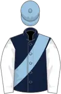 Dark blue, light blue sash, white sleeves, light blue cap