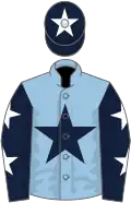 Light blue, dark blue star, dark blue sleeves, white stars, dark blue cap, white star