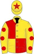 Yellow and red (quartered), yellow sleeves, red spots, yellow cap, red star