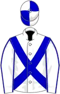White, blue cross-belts and seams on sleeves, quartered cap