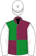 Garnet, green quartered, white sleeves, white cap