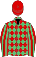 Red and emerald green diamonds, striped sleeves, red cap