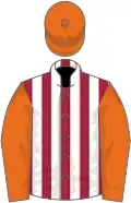Maroon and white stripes, orange sleeves and cap