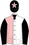 Pink and white (halved), black sleeves, black cap, pink star