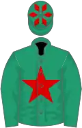 Emerald green, red star, diamonds on cap