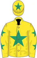 Yellow, emerald green star, stars on sleeves, star on cap