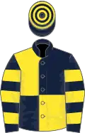 Dark blue and yellow (quartered), hooped sleeves and cap