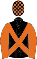BLACK, orange cross sashes and sleeves, orange and black check cap