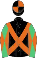 BLACK, orange cross sashes, emerald green sleeves, orange diabolo, black and orange quartered cap