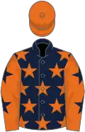 Dark blue, orange stars, orange sleeves, dark blue stars, orange cap