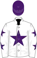 White, purple star and stars on sleeves, purple cap