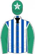 Royal blue and white stripes, emerald green sleeves, white seams, emerald green cap, white star
