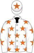 White, orange stars, star on cap