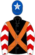 Black, orange cross sashes, white sleeves, red chevrons, royal blue cap, white star