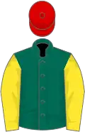 Dark green, yellow sleeves, red cap