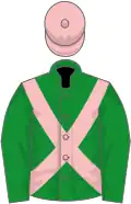 Green, pink saint andre's cross, green sleeves, pink cap