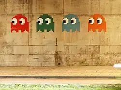 The ghosts from the computer game Pac-Man. A mosaic by Invader in Bilbao, Spain. Since 1998, Invader has placed over 4000 tile mosacis in 83 territories across the world.[134] 2008