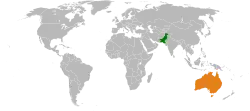 Map indicating locations of Pakistan and Australia