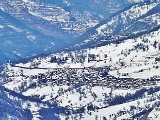 Panorama from Val Thorens of the village, with Notre-Dame-de-la-Vie sanctuary visible on the left