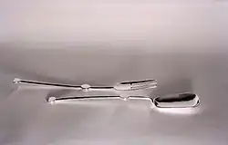 Dessert spoon and fork (Sabattini); photo 1963.