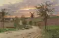 En landevej ved Stenløse med en mølle i baggrunden, solnedgang (English: A road at Stenløse near a mill. Sunset.). Peder Mørk Mønsted, 1919.