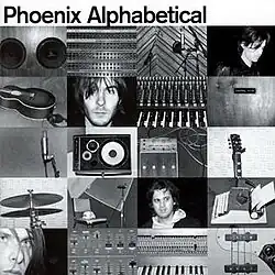 A black and white collage of images with musical instruments and band members of Phoenix.
