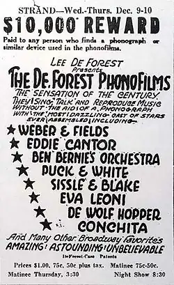 All-text advertisement from the Strand Theater, giving dates, times, and performers' names. At the top, a tagline reads, "$10,000 reward paid to any person who finds a phonograph or similar device used in the phonofilms." The accompanying promotional text describes the slate of sound pictures as "the sensation of the century ... Amazing! Astounding! Unbelievable".