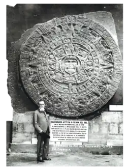 Photograph from 1917 of the Piedra del Sol with (then president) Venustiano Carranza