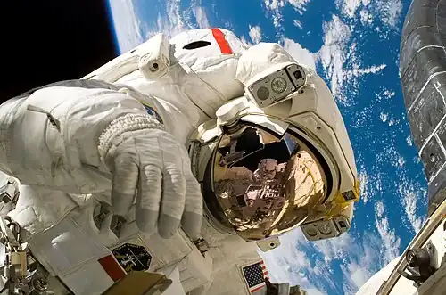 Image 47Astronaut Piers Sellers during the third spacewalk of STS-121, a demonstration of orbiter heat shield repair techniques (from Outline of space science)