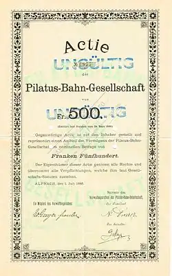Share of the Pilatus Railway Company, issued 1. July 1888; founder's share