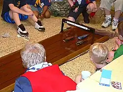 Finish of a Pinewood Derby heat.