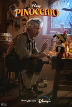 An elderly human man, Geppetto, speaks to a living wooden puppet, Pinocchio, in a house filled with cuckoo clocks. A bluish light shines through a window on Geppetto and Pinocchio.