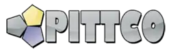 Three pentagons in yellow, blue, and gray with a gray Pittco text next to it, plastic looking with waves