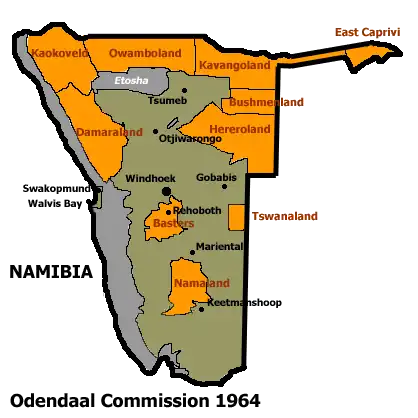 Allocation of land to Bantustans according to the Odendaal Plan, with grey being the Etosha National Park