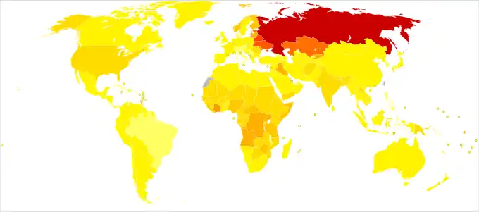 Disability-adjusted life year for poisonings per 100,000 inhabitants in 2004.[18]   no data   <10   10–90   90–170   170–250   250–330   330–410   410–490   490–570   570–650   650–700   700–880   >880