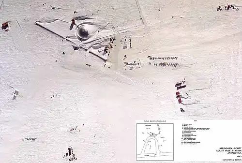 An aerial view of the Amundsen–Scott South Pole Station taken in about 1983. The central dome is shown along with the arches, with various storage buildings, and other auxiliary buildings such as garages and hangars.