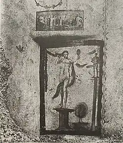 A fresco of Venus and Priapus. Above them is a landscape. House at I. 62 - 79 CE