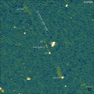 Radio image of Porphyrion, a black hole jet system spanning an estimated 23 million light-years.