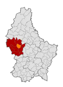 Map of Luxembourg with Préizerdaul highlighted in orange, and the canton in dark red