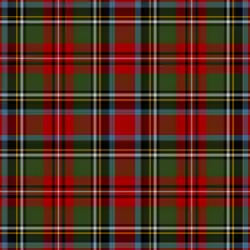 Tartan dominated by red, azure and olive green, with fairly thick black lines and thin over-checks of white, black, and yellow