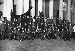 Image 2The dissolution of the Constituent Assembly on 6 January 1918. The Tauride Palace is locked and guarded by Trotsky, Sverdlov, Zinoviev, and Lashevich. (from October Revolution)