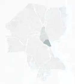 Location of the Jewelry District (dark gray) and Downtown (medium gray) in Providence