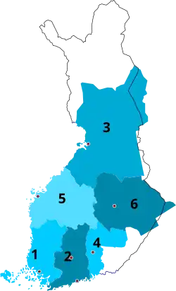 1776-1809 1 Turku and Pori 2 Uusimaa and Tavastia 3 Oulu 4 Kymenkartano 5 Vaasa 6 Savonia and Karelia