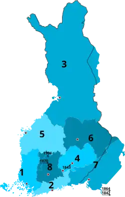 1833-1917 1 Turku and Pori 2 Uusimaa 3 Oulu 4 Mikkeli 5 Vaasa 6 Kuopio 7 Viipuri 8 Tavastia