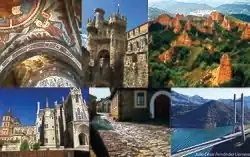 Main sights from the province of León. From left to right: Pantheon of San Isidoro, Ponferrada castle, Las Médulas, Astorga, Castrillo de los Polvazares, Barrios de Luna Reservoir.