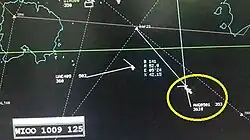 Secondary radar image shows Flight 8501 (circled in yellow) at an altitude of 36,300 ft (11,100 m) and climbing, travelling at 353 kn (654 km/h; 406 mph) ground speed.[11]