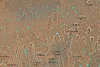 Quadrangle map of Oxia Palus labeled with major features. This quadrangle contains many collapsed areas of Chaos and many outflow channels (old river valleys).