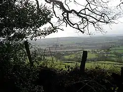 A view of hills and a patchwork of fields seen through a fence and tree.