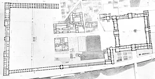 Plan of the unfinished Louvre by Charles Vasserot, showing the jumble of buildings on the location of the present-day Cour Napoléon (1830)
